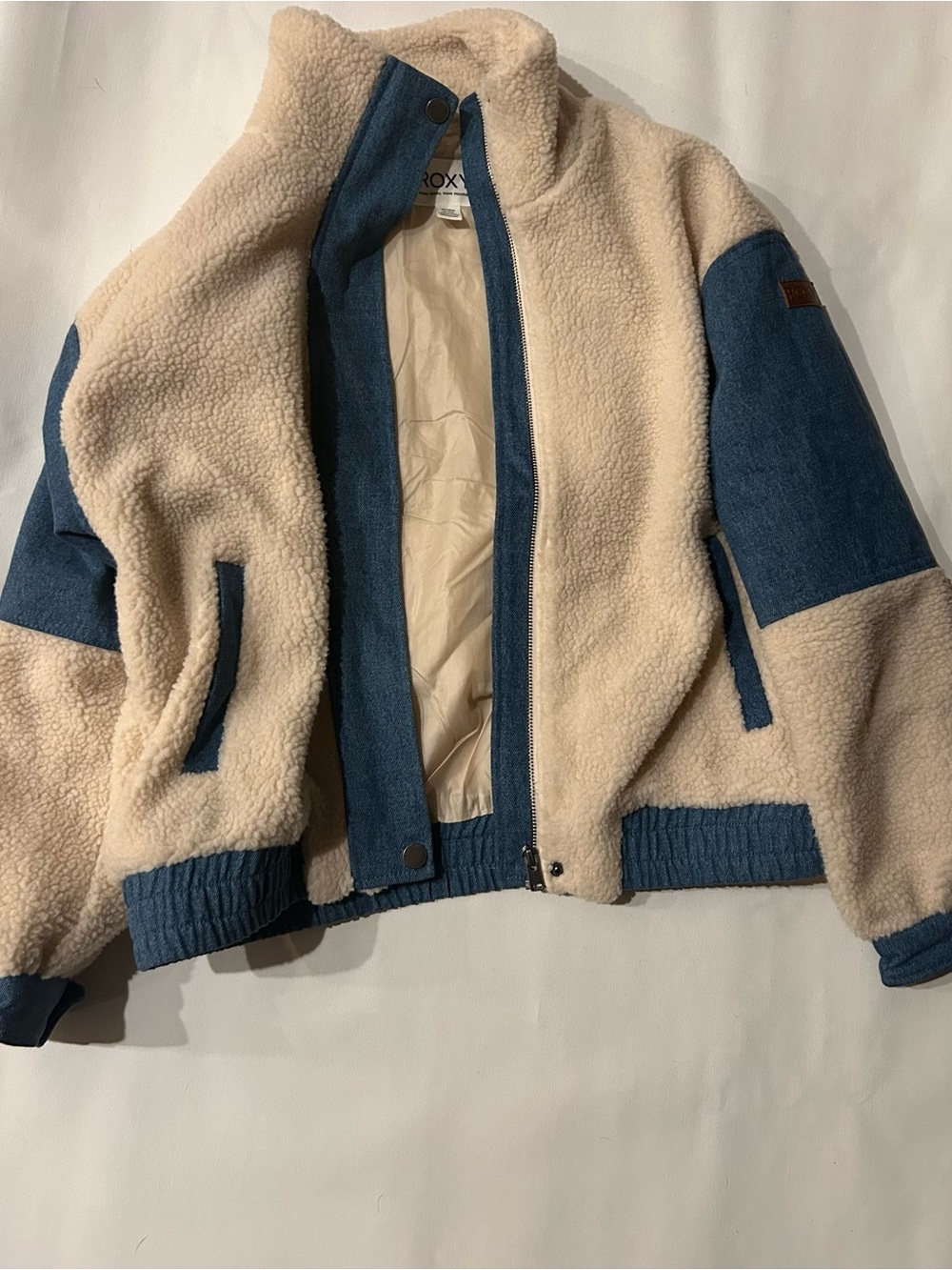 Roxy Cream Sherpa Jacket with Blue Panels